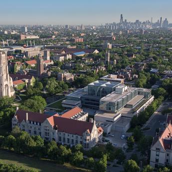 Aerial view of campus with the Chicago skyline in the background